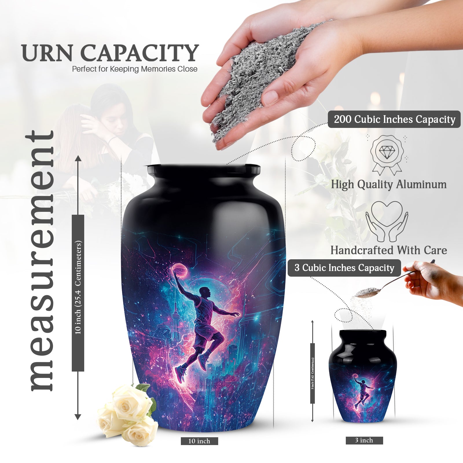 Deep Black Basketball Cremation Urn close-up of engraving and surface detail - timeless basketball motif etched into premium metal - mini keepsake memorial for portion of cremation ashes