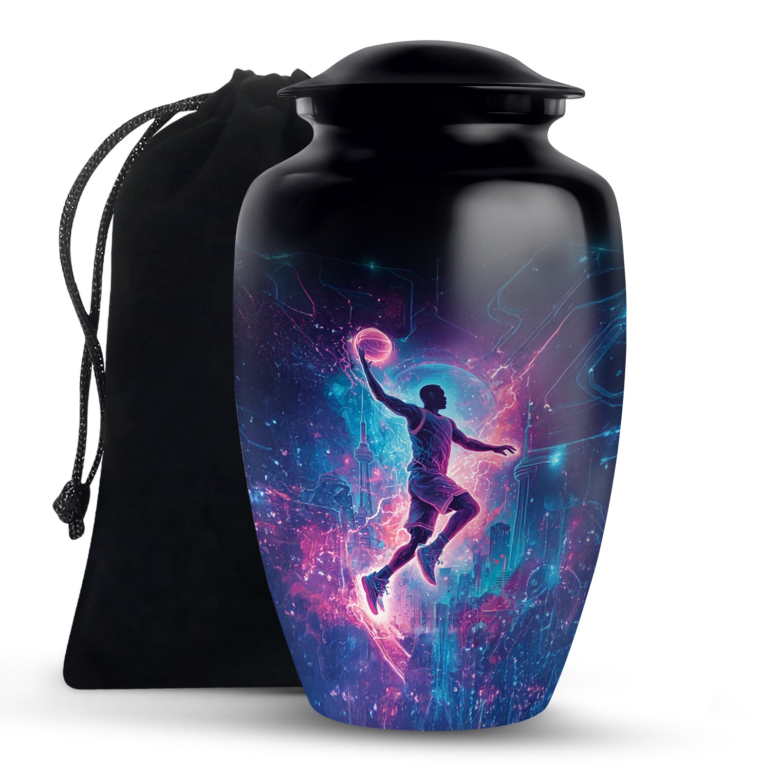 Midnight Black Basketball Cremation Urn angled view of lid and engraved motif - elegant classic basketball relief with fine detailing - full-size 10 inch 200 cubic inch adult cremation urn