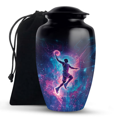 Midnight Black Basketball Cremation Urn angled view of lid and engraved motif - elegant classic basketball relief with fine detailing - full-size 10 inch 200 cubic inch adult cremation urn
