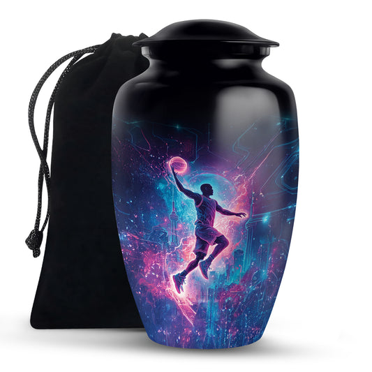 Midnight Black Basketball Cremation Urn angled view of lid and engraved motif - elegant classic basketball relief with fine detailing - full-size 10 inch 200 cubic inch adult cremation urn