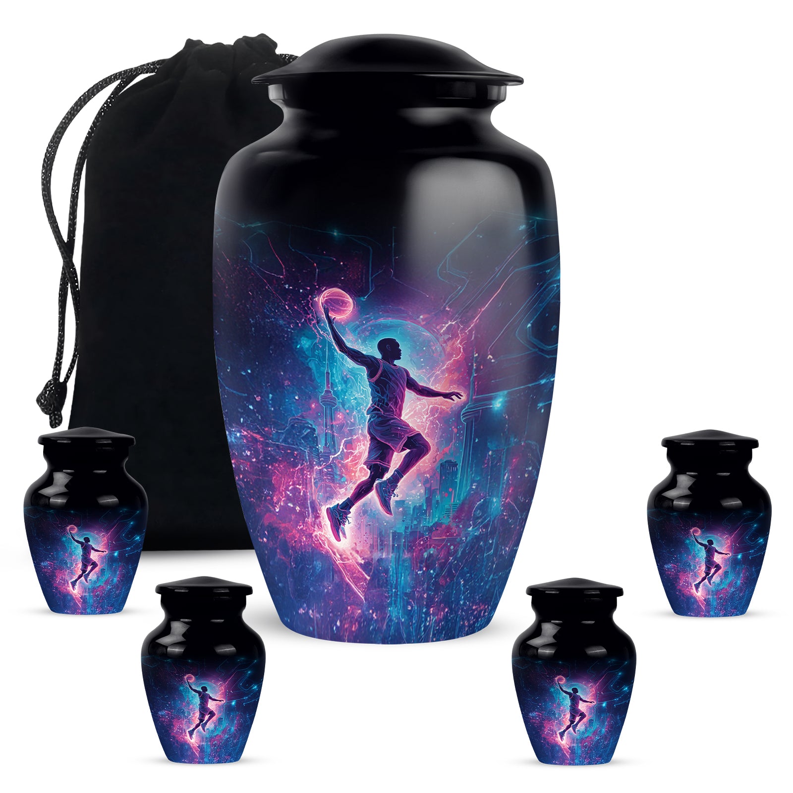Obsidian Black Basketball Cremation Urn top-down view of secure threaded lid - traditional basketball engraving with hand-polished finish - memorial set with one large and four small urns