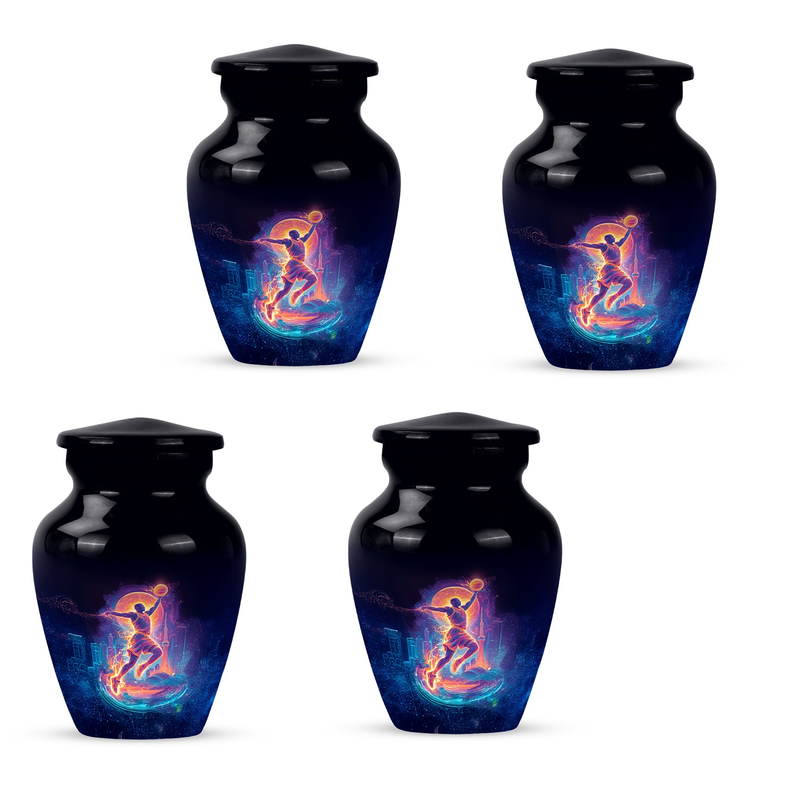 Glossy Black Basketball Cremation Urn side profile showing urn shape - timeless basketball motif etched into premium metal - 10 inch aluminum urn for cremated remains