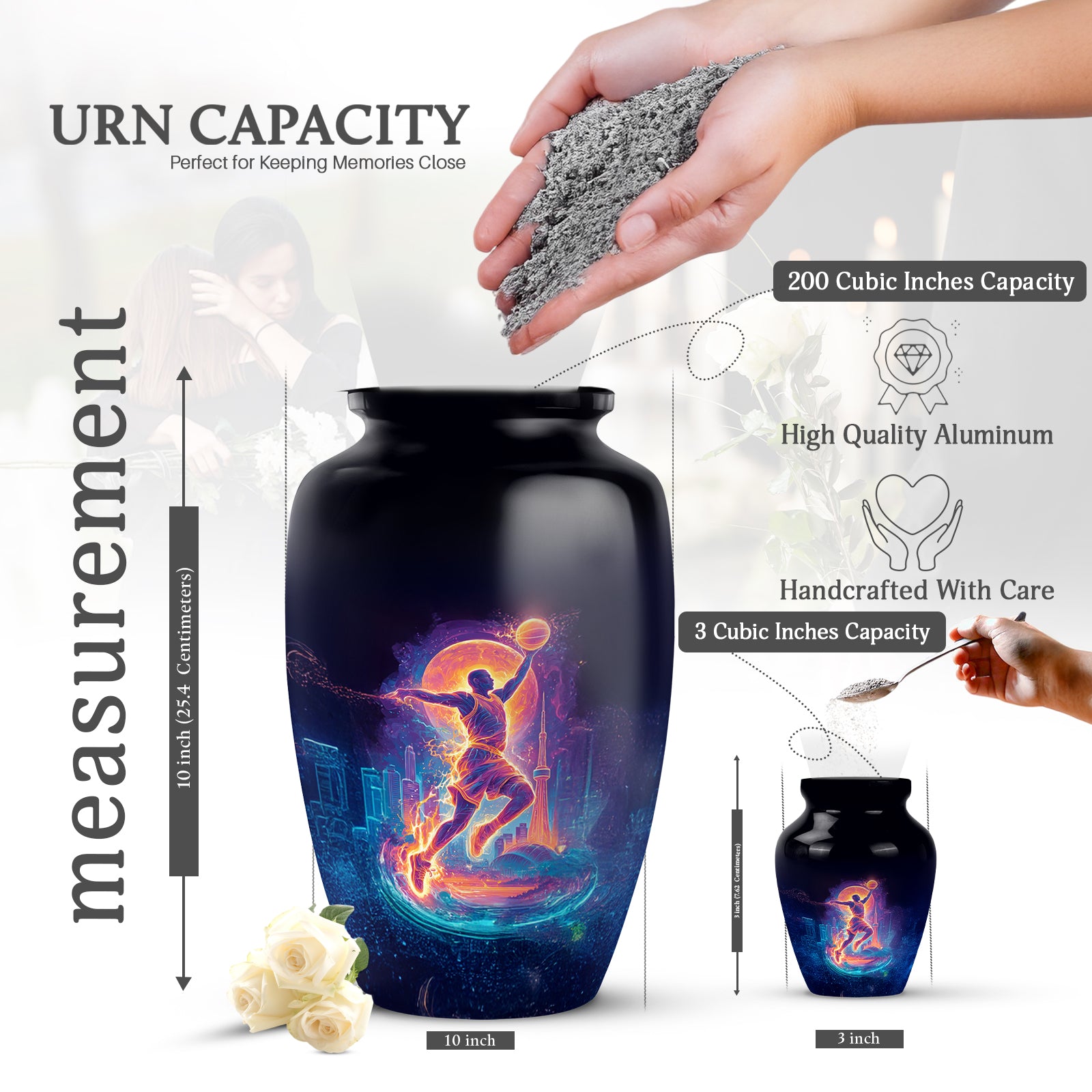 Deep Black Basketball Cremation Urn close-up of engraving and surface detail - classic sculpted basketball pattern on smooth aluminum - mini keepsake memorial for portion of cremation ashes