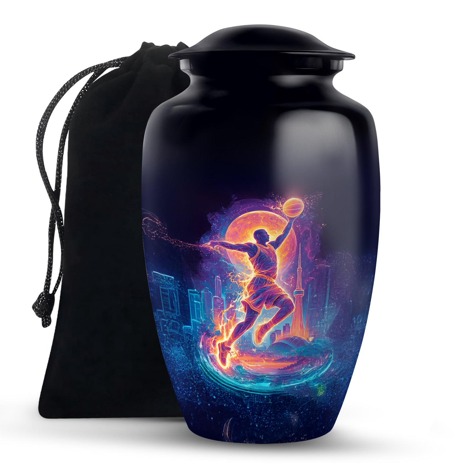 Ebony Basketball Cremation Urn angled view of lid and engraved motif - classic sculpted basketball pattern on smooth aluminum - full-size 10 inch 200 cubic inch adult cremation urn