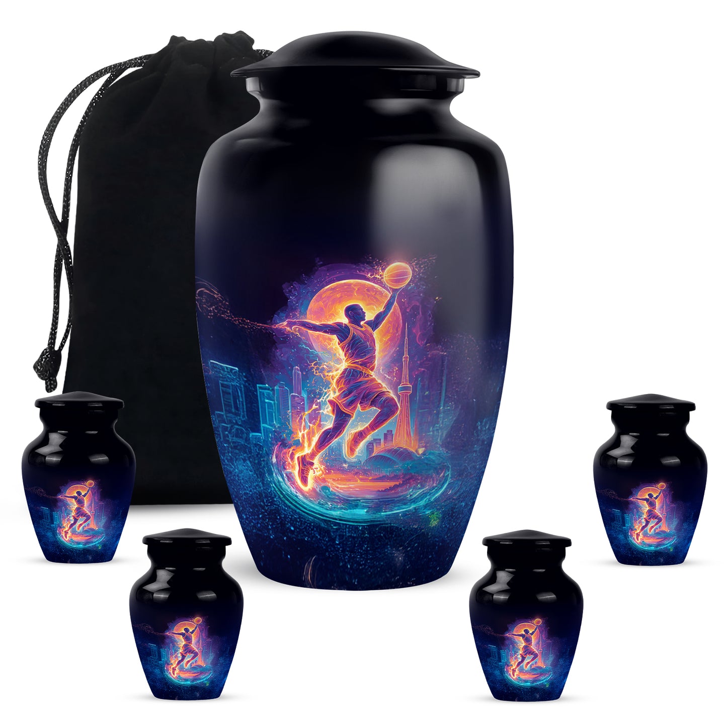 Charcoal Black Basketball Cremation Urn top-down view of secure threaded lid - elegant classic basketball relief with fine detailing - memorial set with one large and four small urns