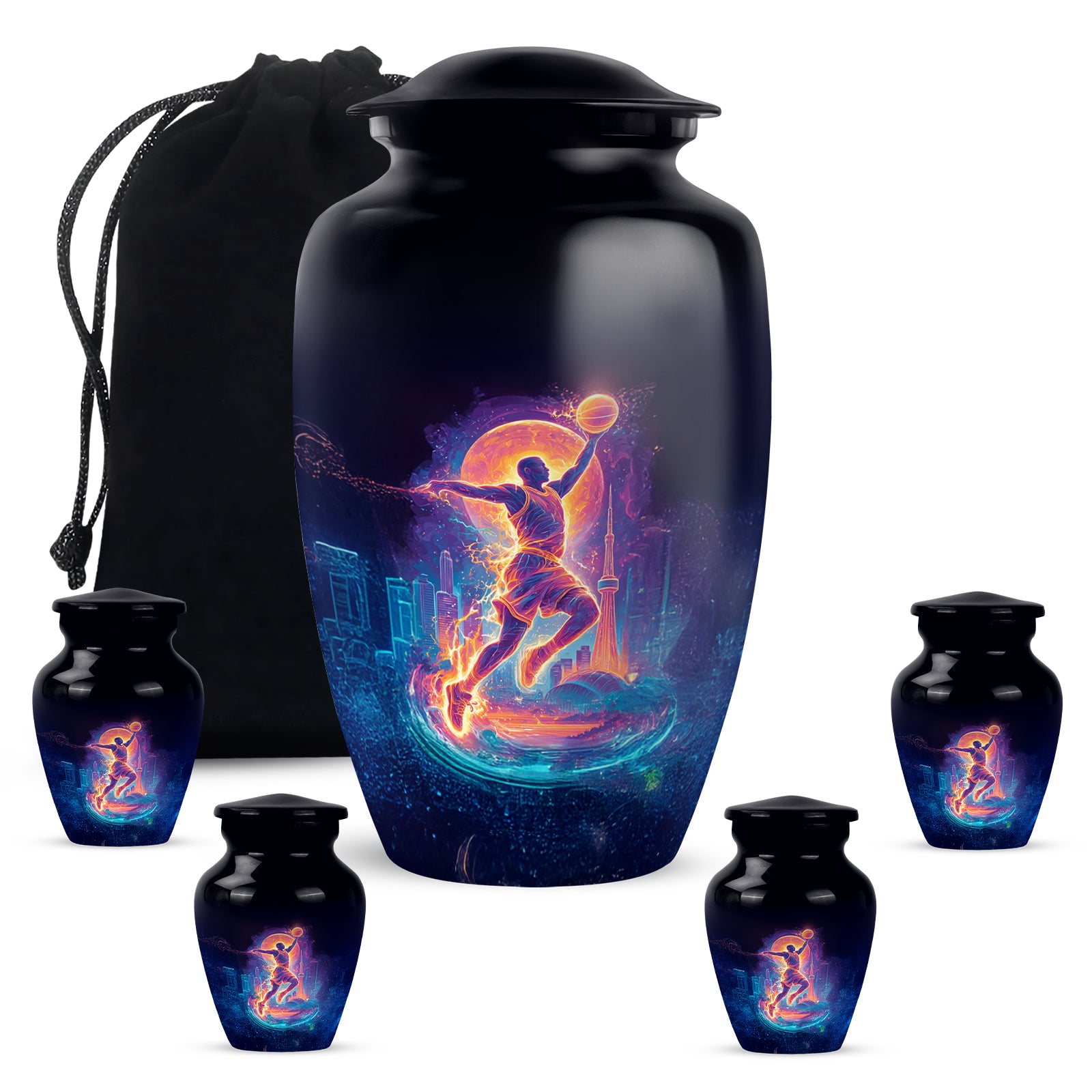 Charcoal Black Basketball Cremation Urn top-down view of secure threaded lid - elegant classic basketball relief with fine detailing - memorial set with one large and four small urns