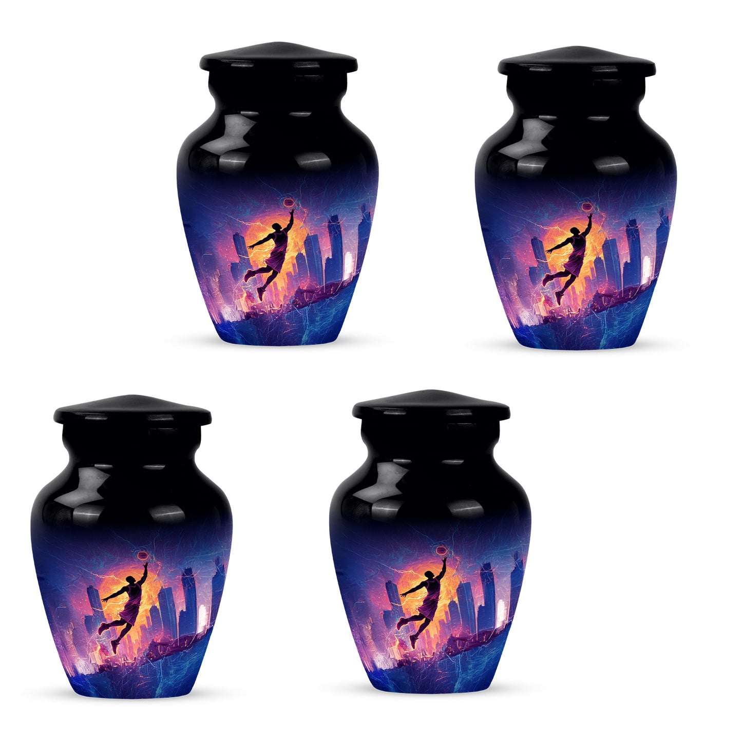 Rich Black Basketball Cremation Urn side profile showing urn shape - classic sculpted basketball pattern on smooth aluminum - 10 inch aluminum urn for cremated remains