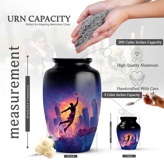 Glossy Black Basketball Cremation Urn close-up of engraving and surface detail - classic sculpted basketball pattern on smooth aluminum - mini keepsake memorial for portion of cremation ashes