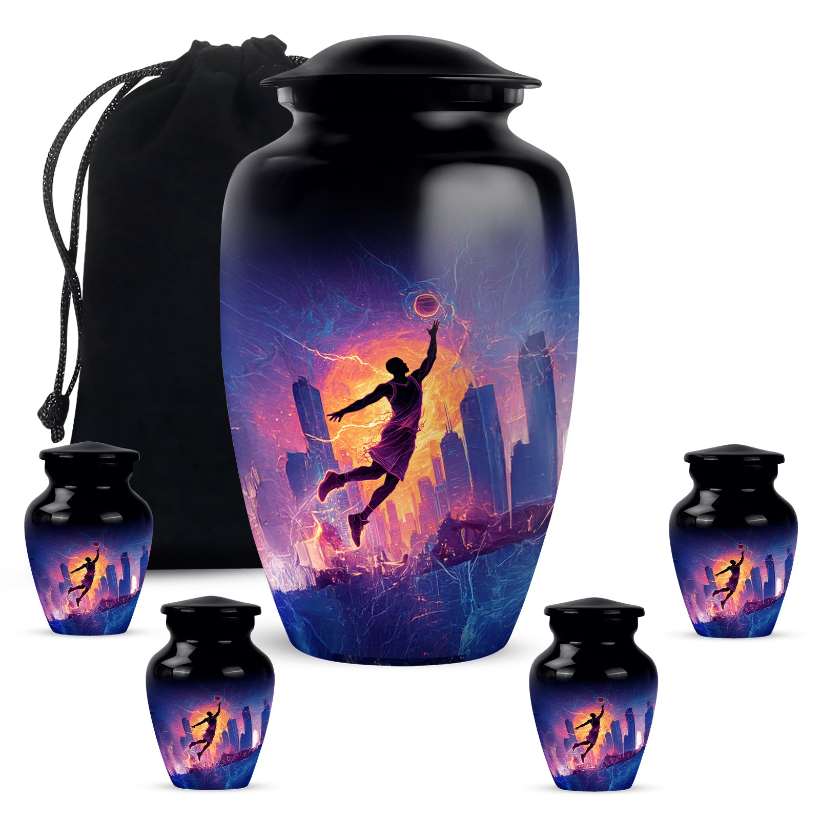 Dark Black Basketball Cremation Urn top-down view of secure threaded lid - traditional basketball engraving with hand-polished finish - memorial set with one large and four small urns
