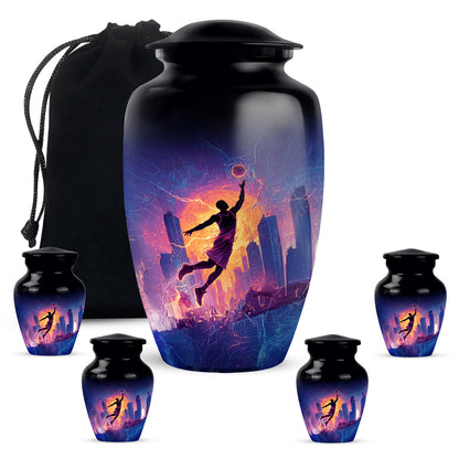 Dark Black Basketball Cremation Urn top-down view of secure threaded lid - traditional basketball engraving with hand-polished finish - memorial set with one large and four small urns