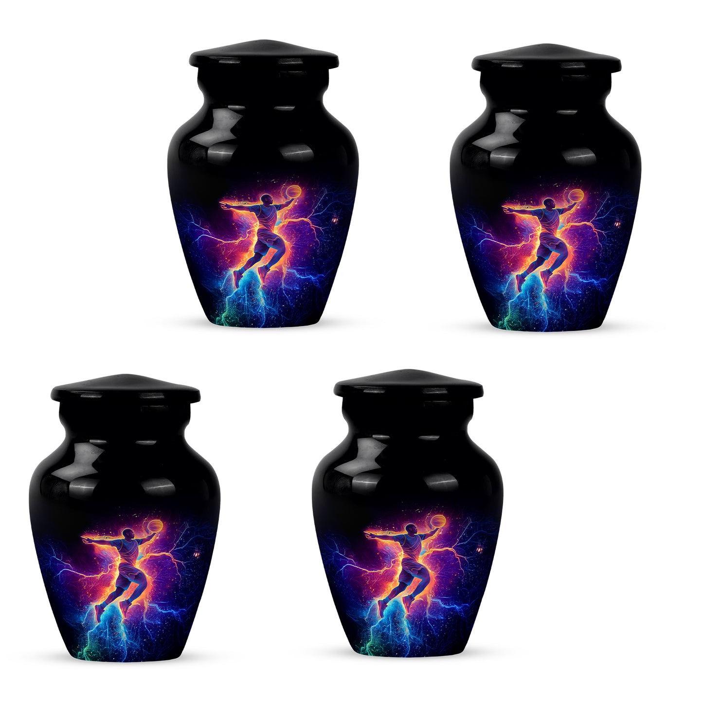 Glossy Black Basketball Cremation Urn side profile showing urn shape - classic sculpted basketball pattern on smooth aluminum - 10 inch aluminum urn for cremated remains