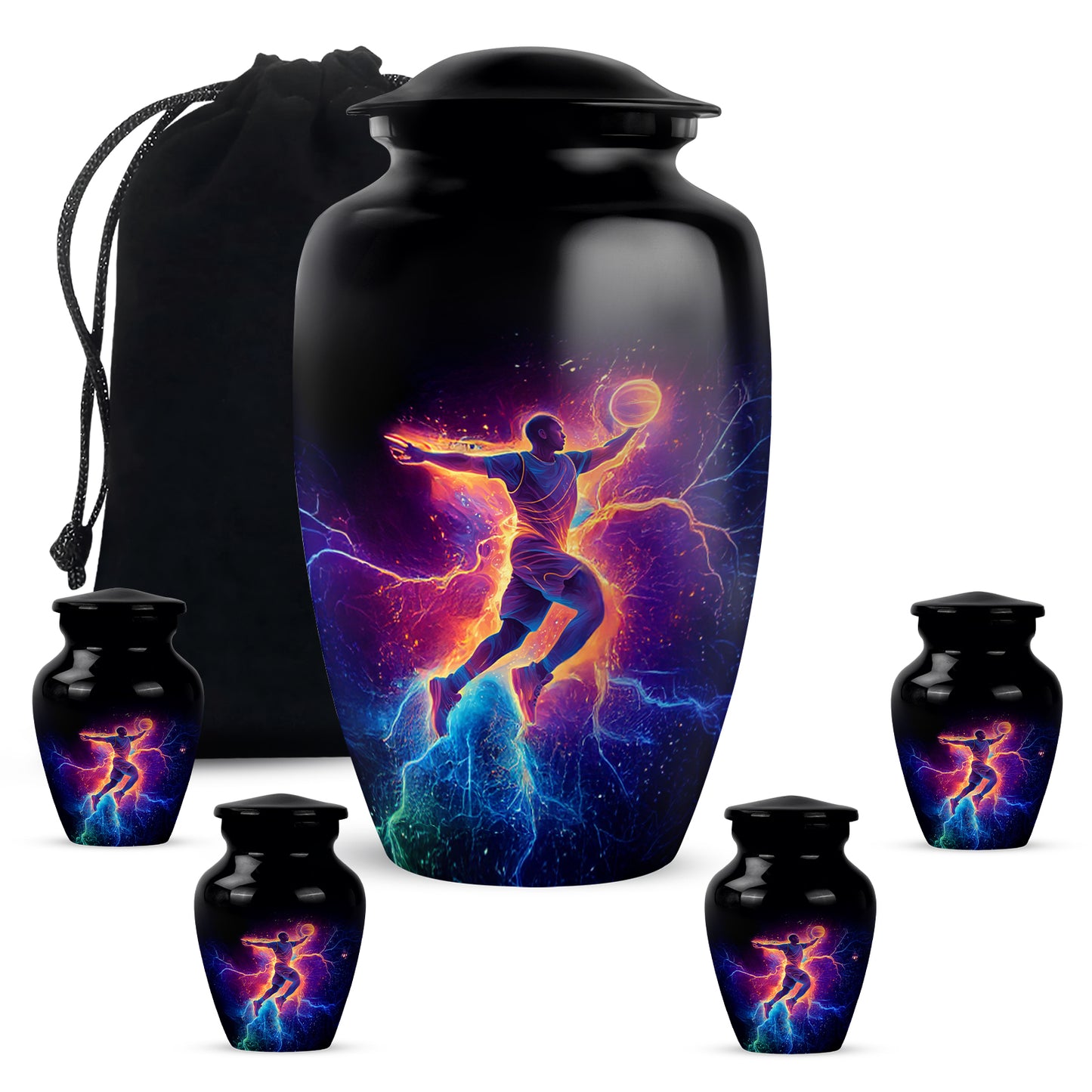 Onyx Black Basketball Cremation Urn top-down view of secure threaded lid - elegant classic basketball relief with fine detailing - memorial set with one large and four small urns