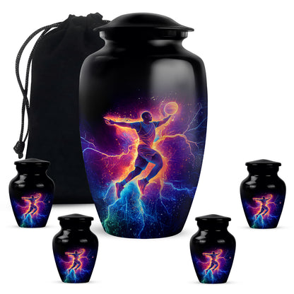 Onyx Black Basketball Cremation Urn top-down view of secure threaded lid - elegant classic basketball relief with fine detailing - memorial set with one large and four small urns