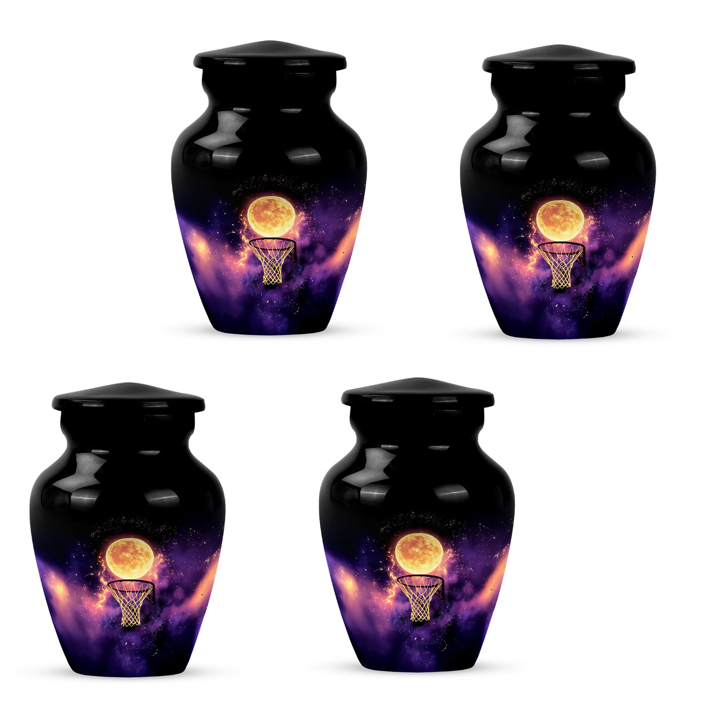 Jet Black Basketball Cremation Urn side profile showing urn shape - timeless basketball motif etched into premium metal - 10 inch aluminum urn for cremated remains
