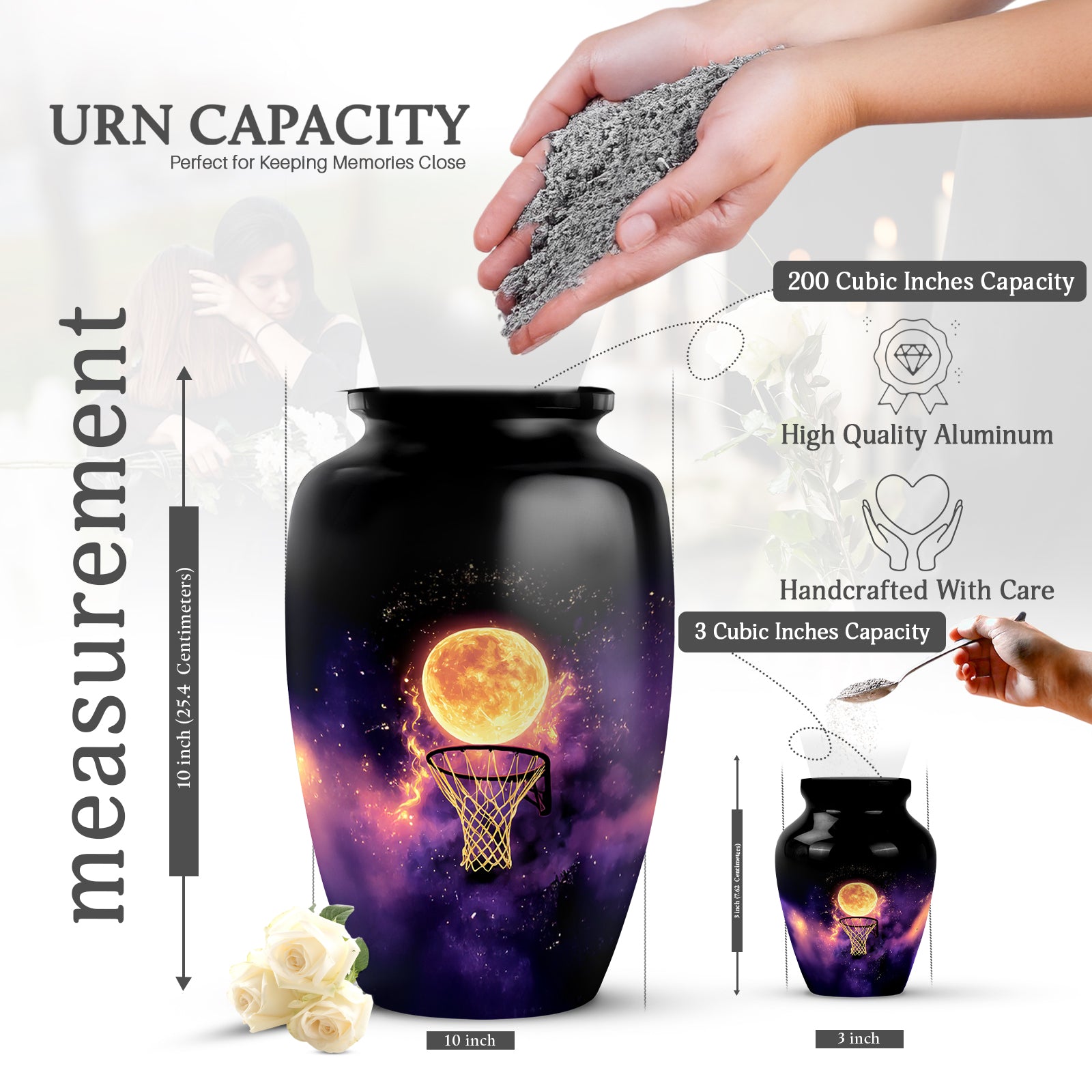 Midnight Black Basketball Cremation Urn close-up of engraving and surface detail - elegant classic basketball relief with fine detailing - mini keepsake memorial for portion of cremation ashes