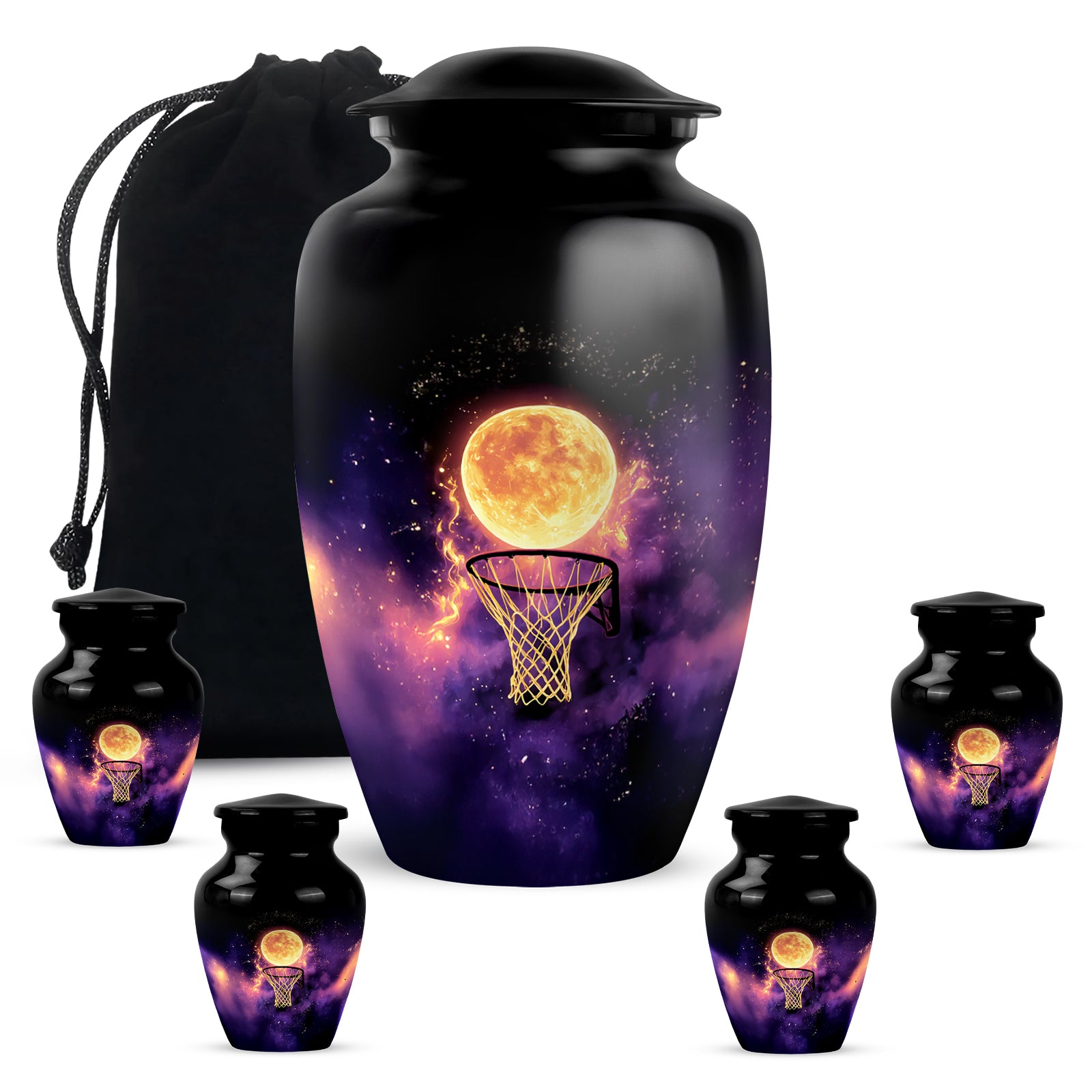 Glossy Black Basketball Cremation Urn top-down view of secure threaded lid - classic sculpted basketball pattern on smooth aluminum - memorial set with one large and four small urns