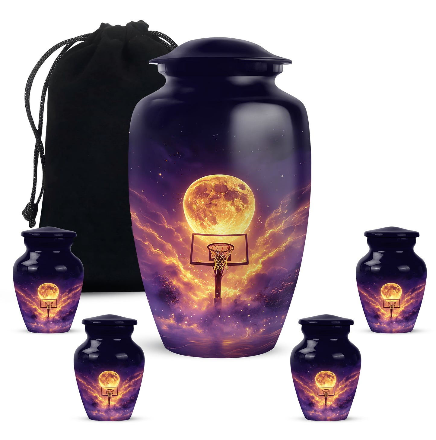 Misty Blue Basketball Cremation Urn top-down view of secure threaded lid - classic sculpted basketball pattern on smooth aluminum - memorial set with one large and four small urns