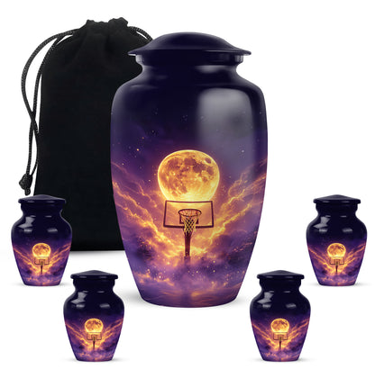 Misty Blue Basketball Cremation Urn top-down view of secure threaded lid - classic sculpted basketball pattern on smooth aluminum - memorial set with one large and four small urns