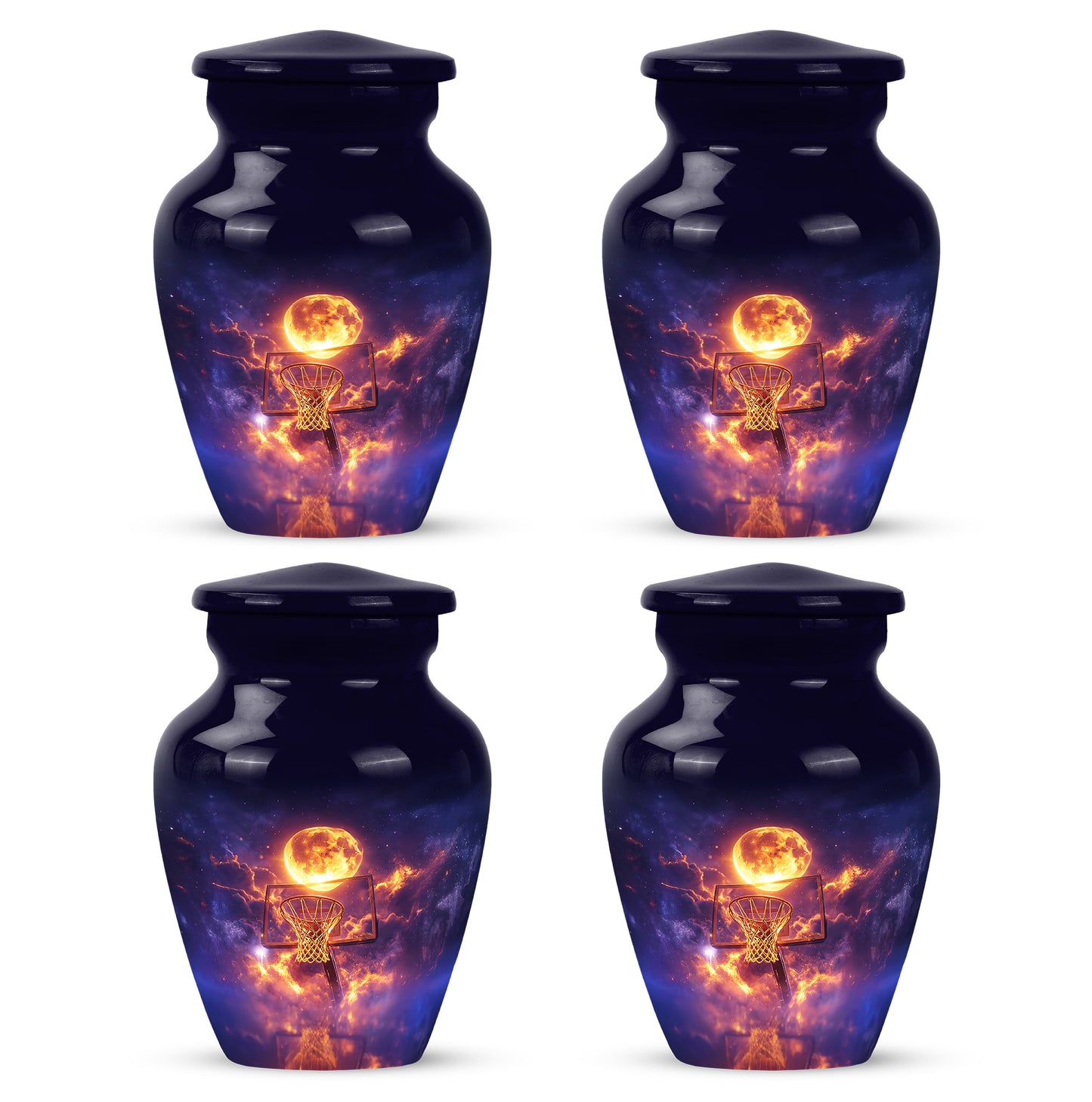 Twilight Blue Basketball Cremation Urn side profile showing urn shape - traditional basketball engraving with hand-polished finish - 10 inch aluminum urn for cremated remains