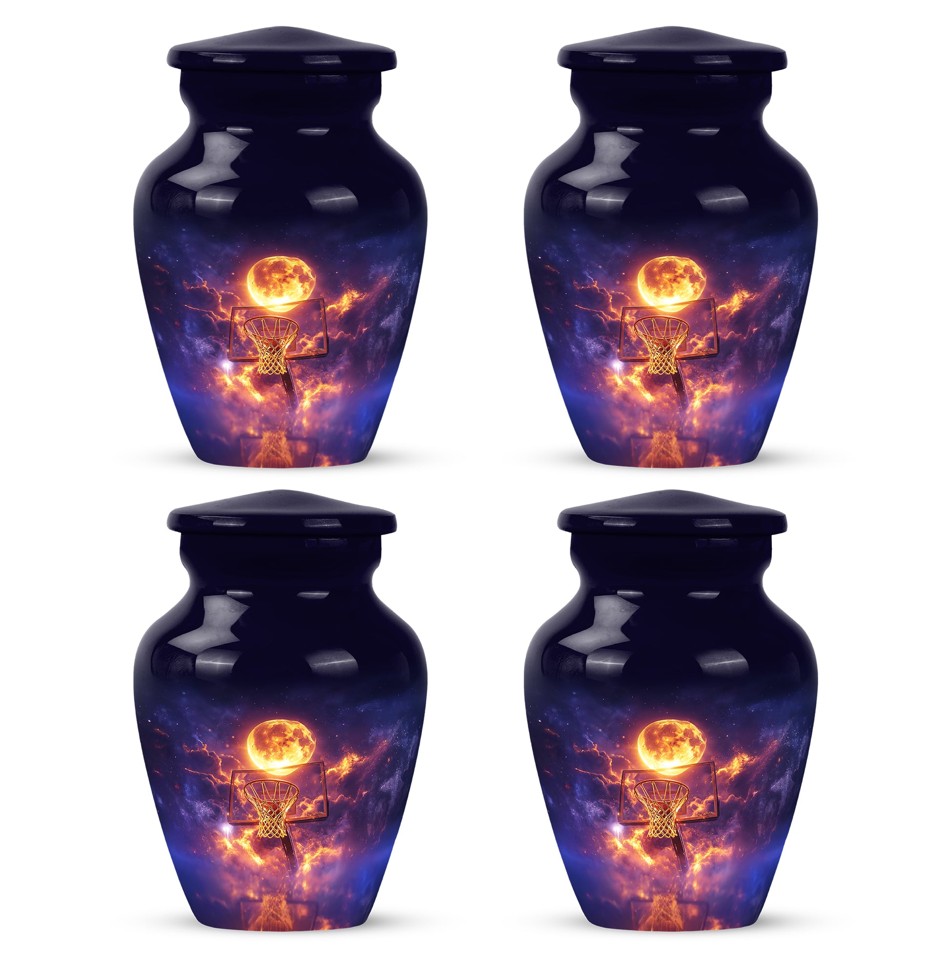 Twilight Blue Basketball Cremation Urn side profile showing urn shape - traditional basketball engraving with hand-polished finish - 10 inch aluminum urn for cremated remains
