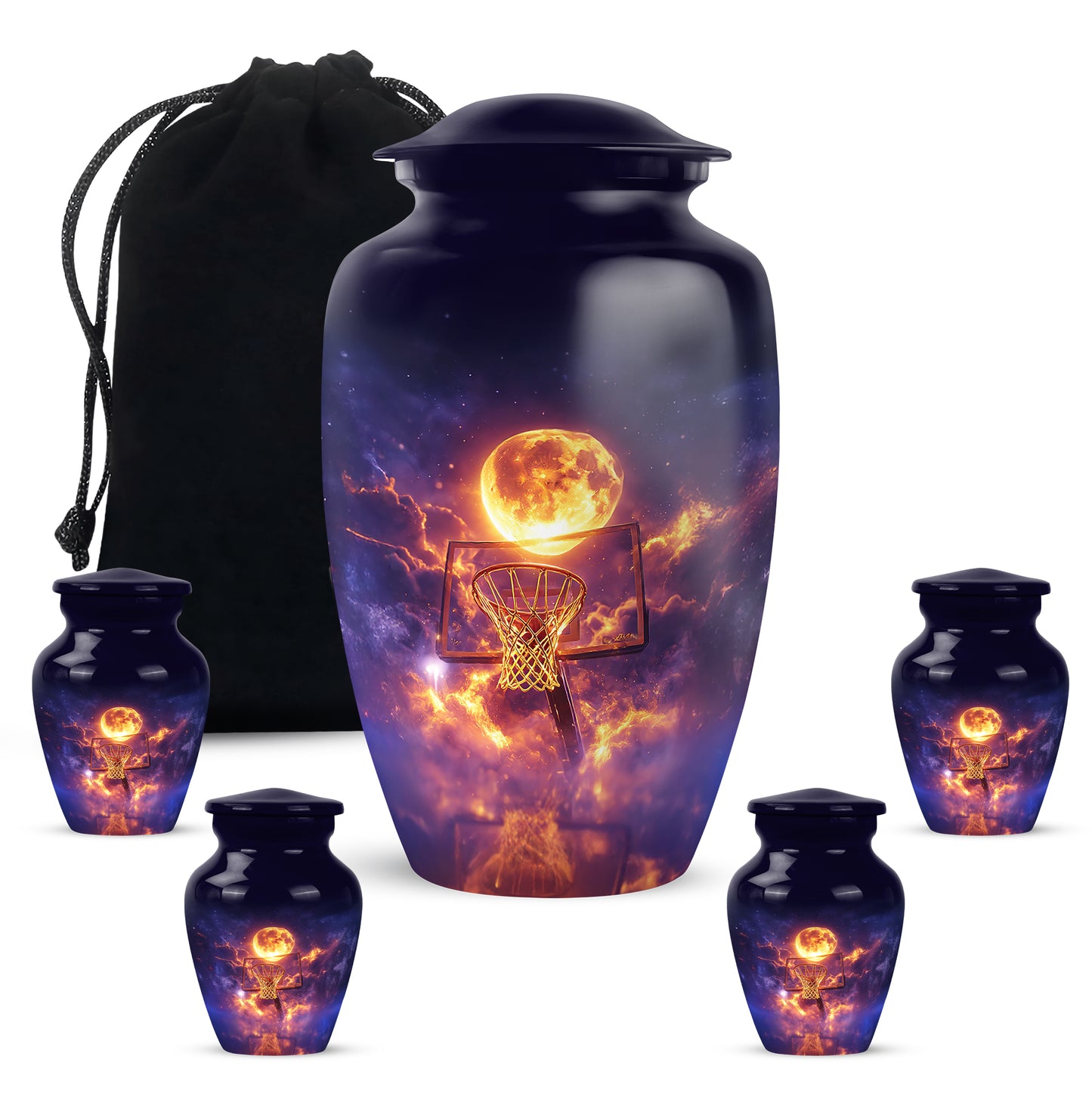 Navy Blue Basketball Cremation Urn top-down view of secure threaded lid - timeless basketball motif etched into premium metal - memorial set with one large and four small urns