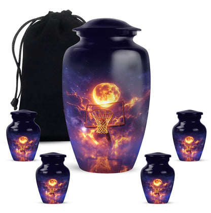 Navy Blue Basketball Cremation Urn top-down view of secure threaded lid - timeless basketball motif etched into premium metal - memorial set with one large and four small urns