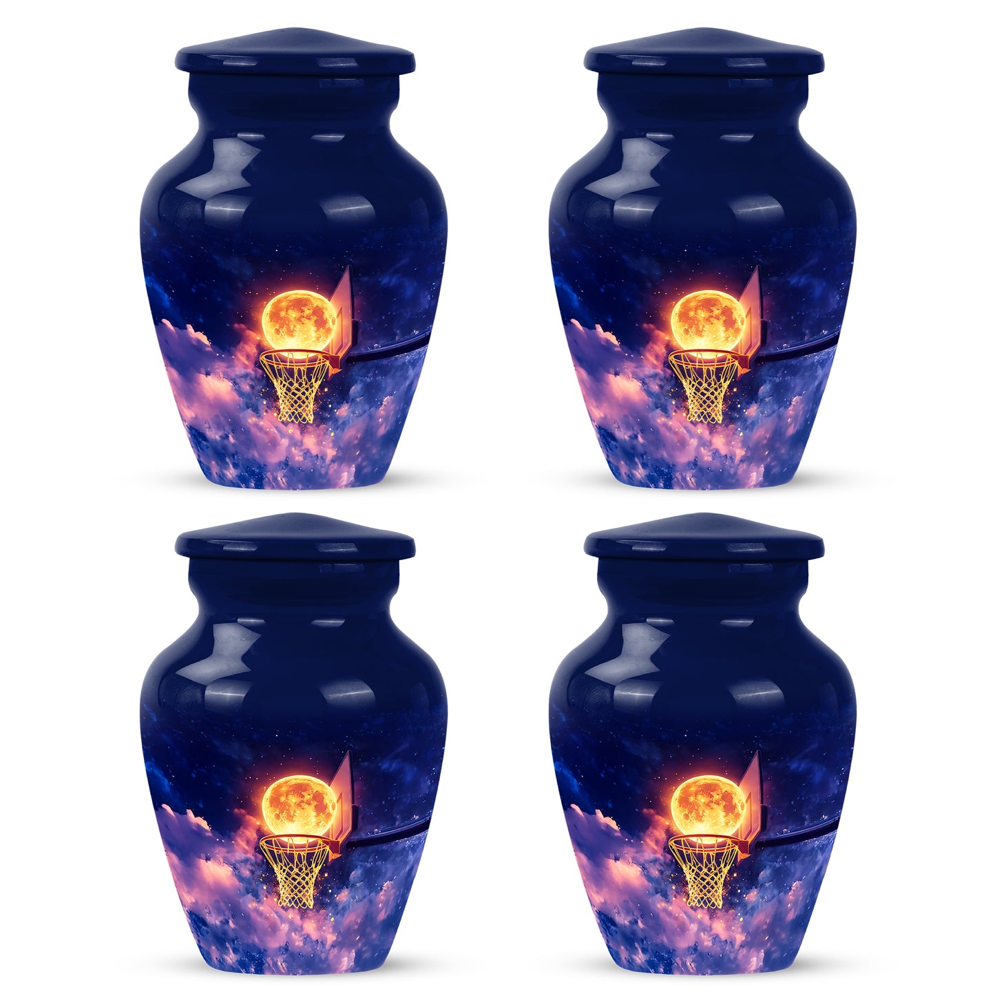 Slate Blue Basketball Cremation Urn side profile showing urn shape - classic sculpted basketball pattern on smooth aluminum - 10 inch aluminum urn for cremated remains
