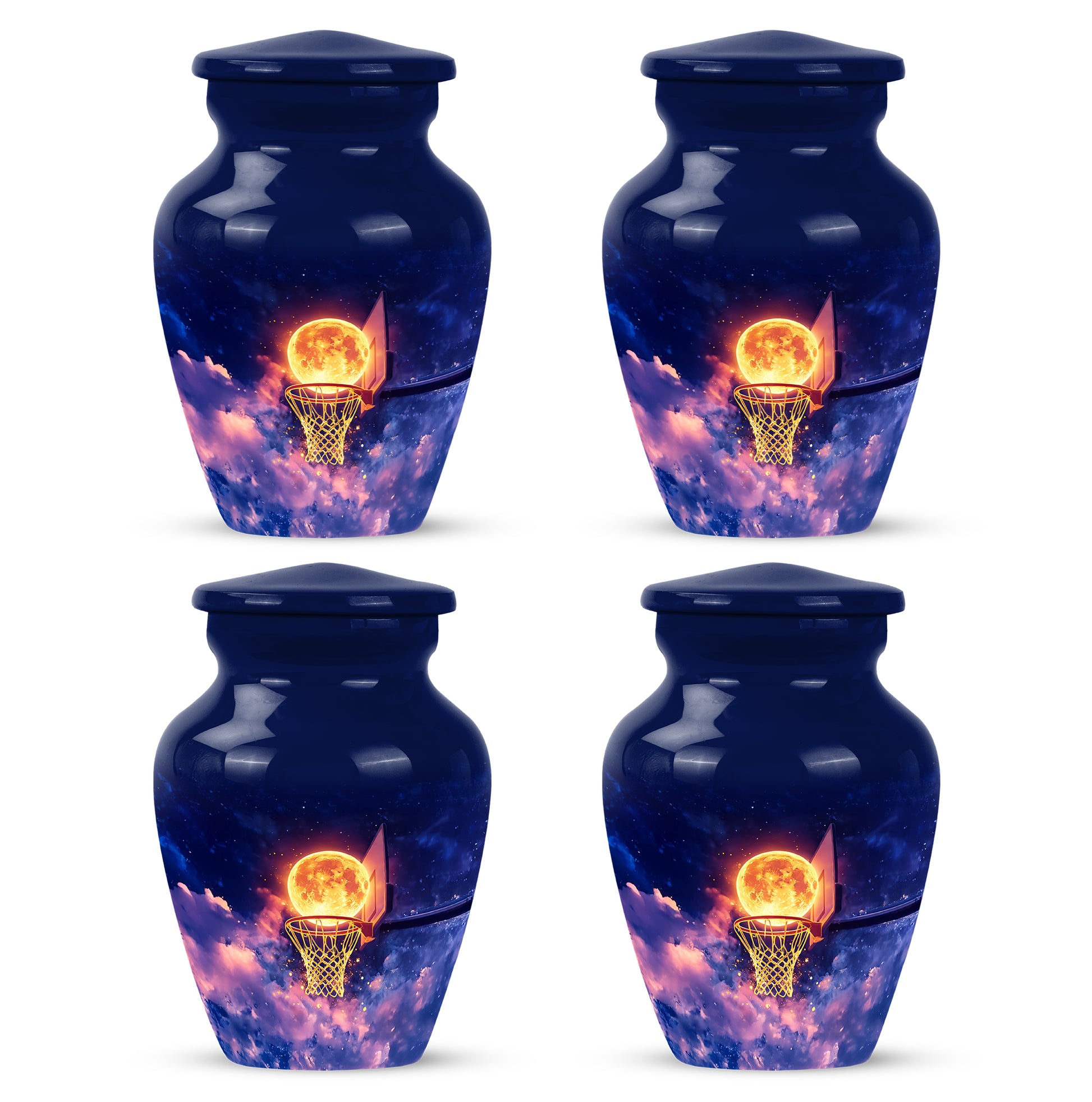 Slate Blue Basketball Cremation Urn side profile showing urn shape - classic sculpted basketball pattern on smooth aluminum - 10 inch aluminum urn for cremated remains