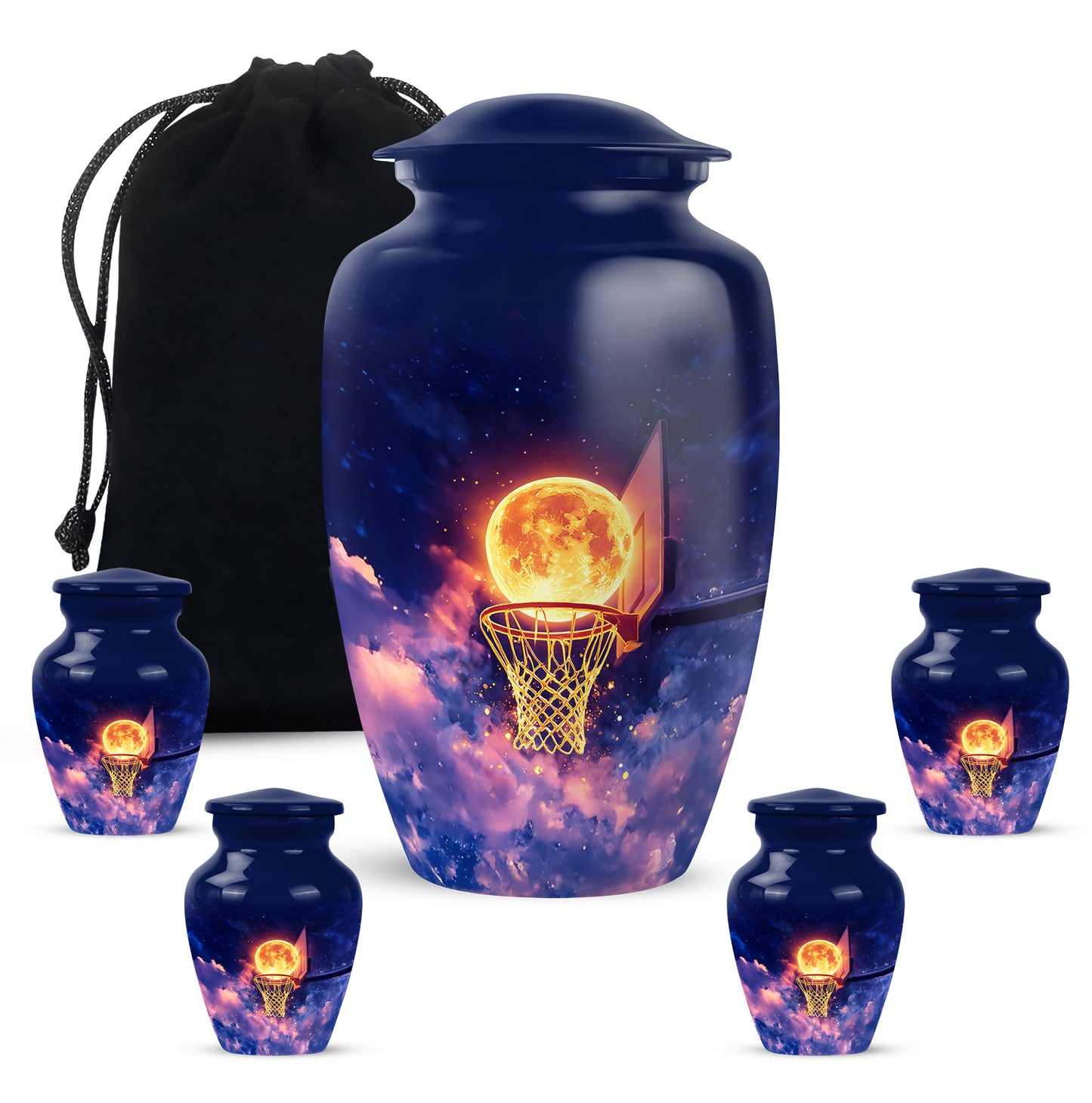 Navy Blue Basketball Cremation Urn top-down view of secure threaded lid - timeless basketball motif etched into premium metal - memorial set with one large and four small urns