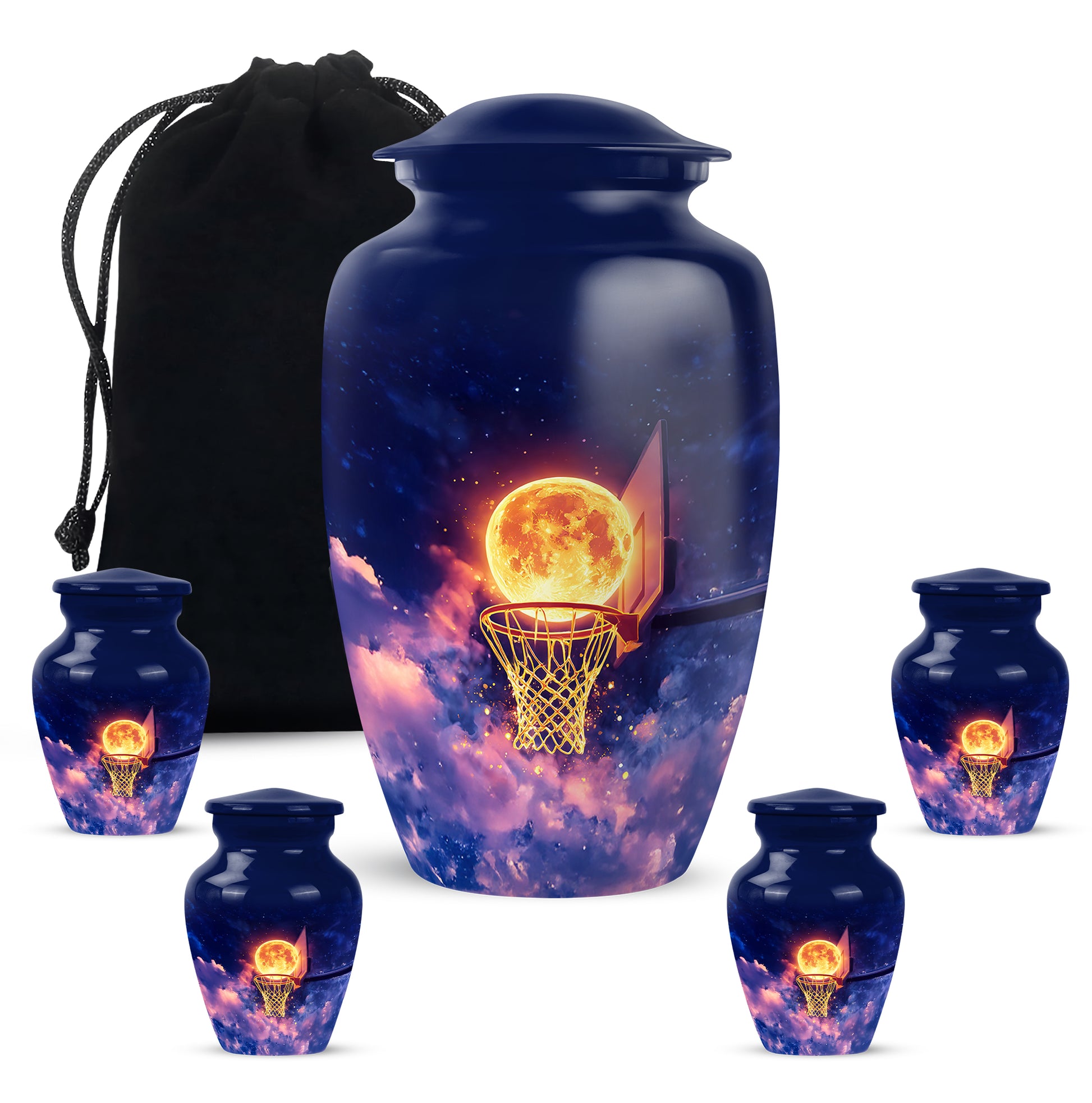 Navy Blue Basketball Cremation Urn top-down view of secure threaded lid - timeless basketball motif etched into premium metal - memorial set with one large and four small urns