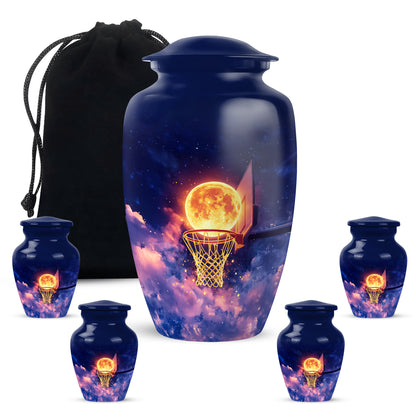 Navy Blue Basketball Cremation Urn top-down view of secure threaded lid - timeless basketball motif etched into premium metal - memorial set with one large and four small urns