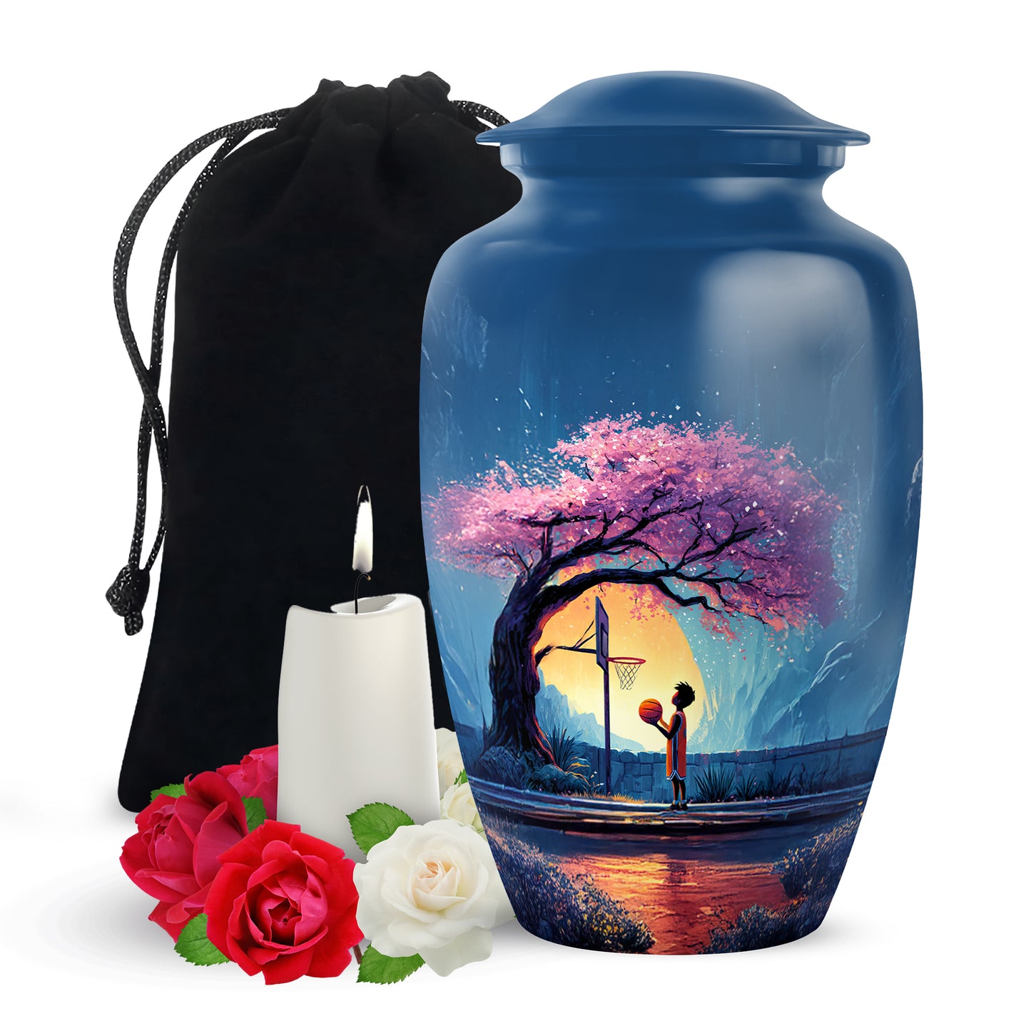 Cornflower Blue Basketball Cremation Urn angled view of lid and engraved motif - traditional basketball engraving with hand-polished finish - full-size 10 inch 200 cubic inch adult cremation urn