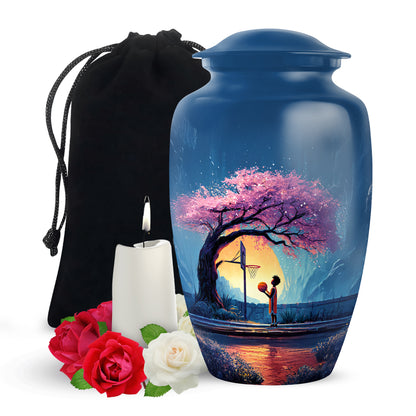 Cornflower Blue Basketball Cremation Urn angled view of lid and engraved motif - traditional basketball engraving with hand-polished finish - full-size 10 inch 200 cubic inch adult cremation urn