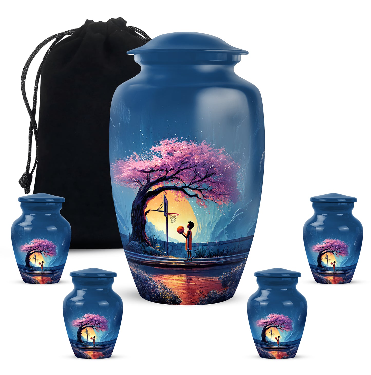 Slate Blue Basketball Cremation Urn top-down view of secure threaded lid - timeless basketball motif etched into premium metal - memorial set with one large and four small urns