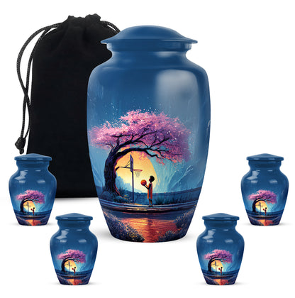 Slate Blue Basketball Cremation Urn top-down view of secure threaded lid - timeless basketball motif etched into premium metal - memorial set with one large and four small urns