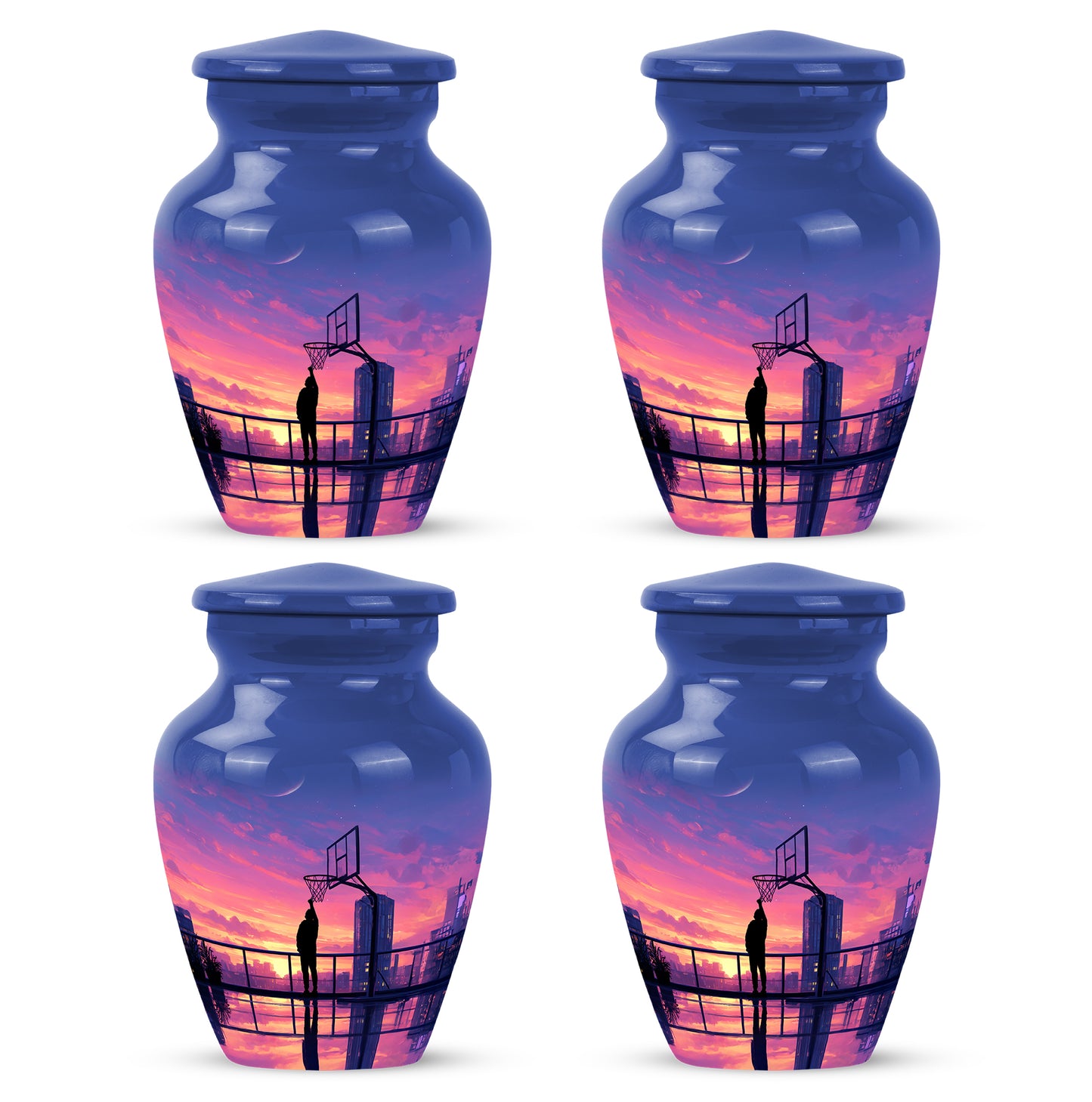 Twilight Blue Basketball Cremation Urn side profile showing urn shape - traditional basketball engraving with hand-polished finish - 10 inch aluminum urn for cremated remains