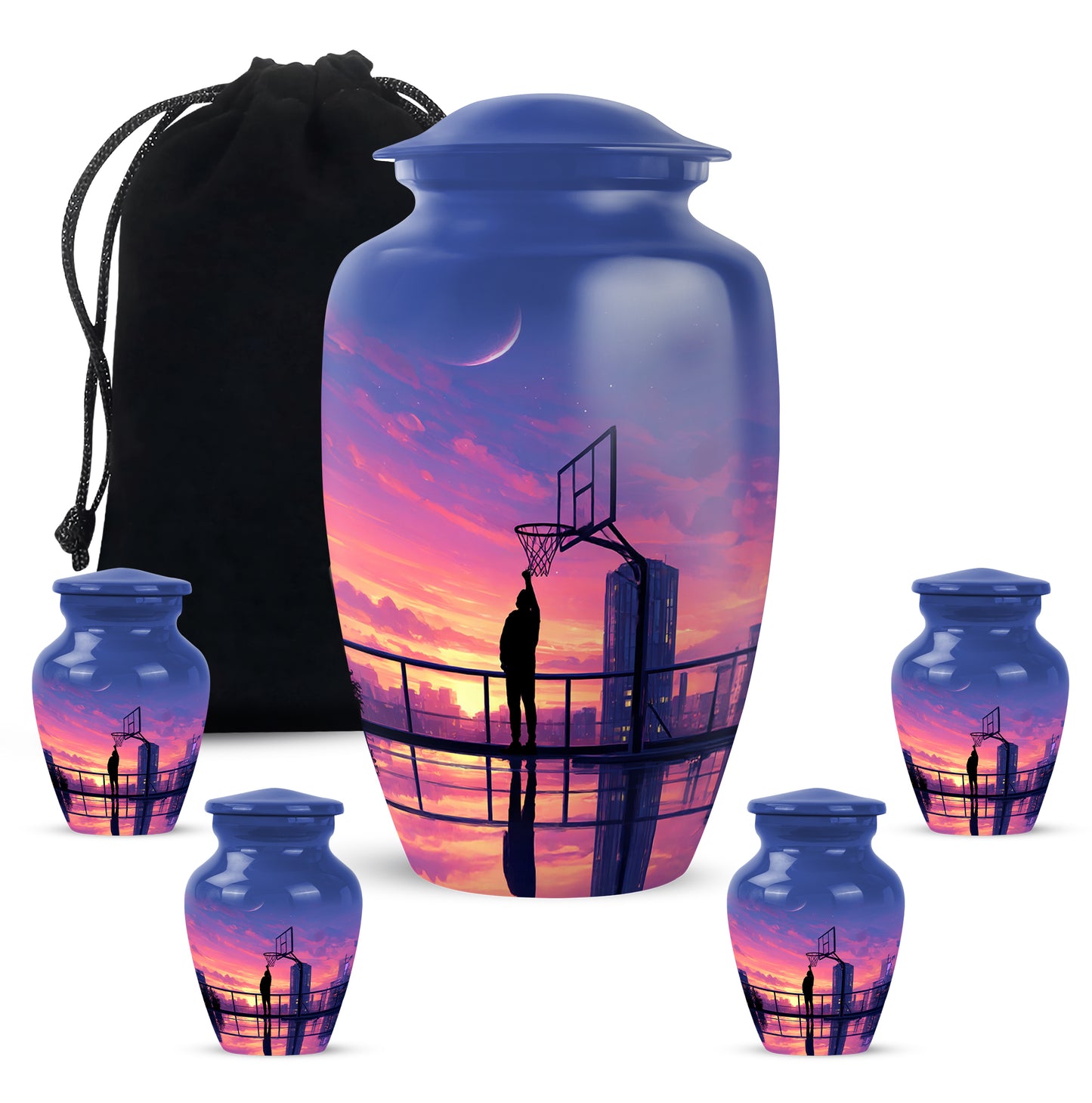 Misty Blue Basketball Cremation Urn top-down view of secure threaded lid - classic sculpted basketball pattern on smooth aluminum - memorial set with one large and four small urns