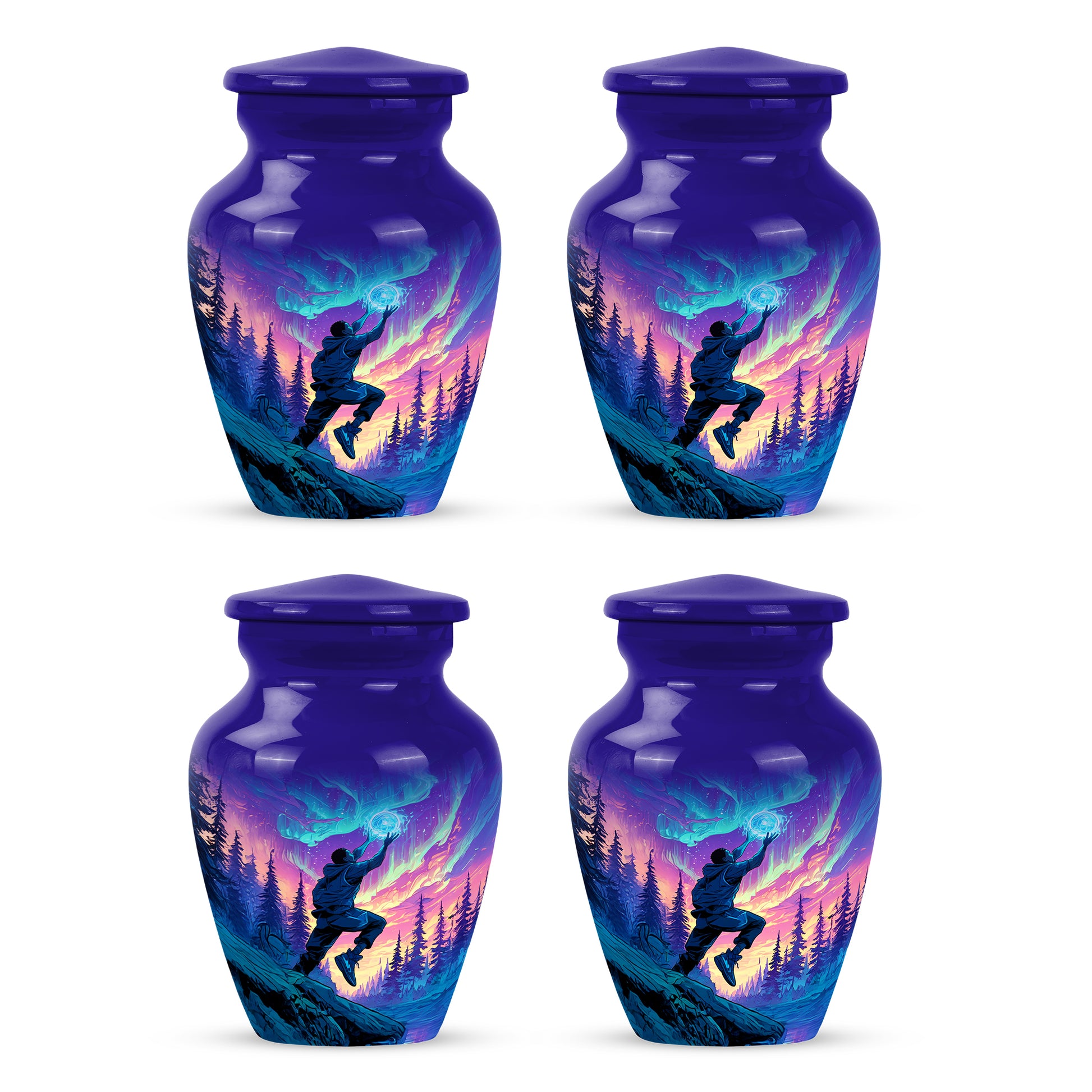 Misty Blue Basketball Cremation Urn side profile showing urn shape - timeless basketball motif etched into premium metal - 10 inch aluminum urn for cremated remains