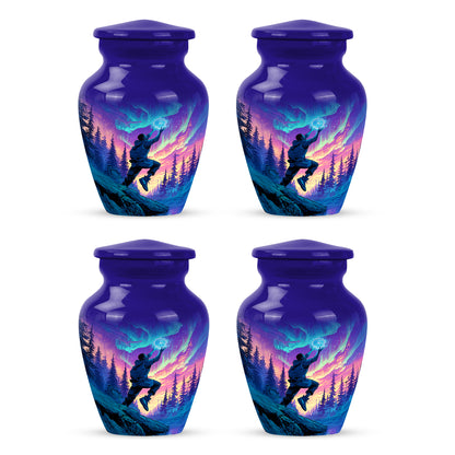 Misty Blue Basketball Cremation Urn side profile showing urn shape - timeless basketball motif etched into premium metal - 10 inch aluminum urn for cremated remains