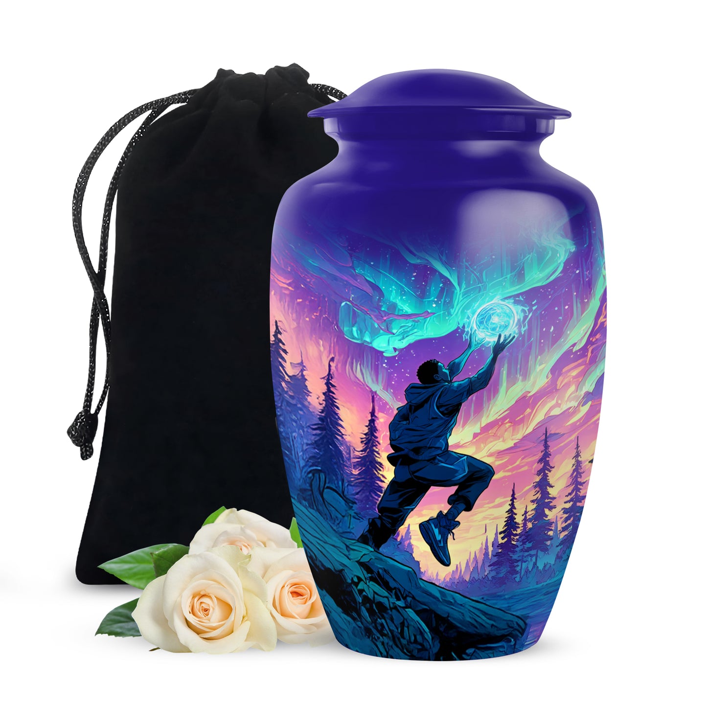 Navy Blue Basketball Cremation Urn angled view of lid and engraved motif - timeless basketball motif etched into premium metal - full-size 10 inch 200 cubic inch adult cremation urn