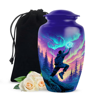 Navy Blue Basketball Cremation Urn angled view of lid and engraved motif - timeless basketball motif etched into premium metal - full-size 10 inch 200 cubic inch adult cremation urn