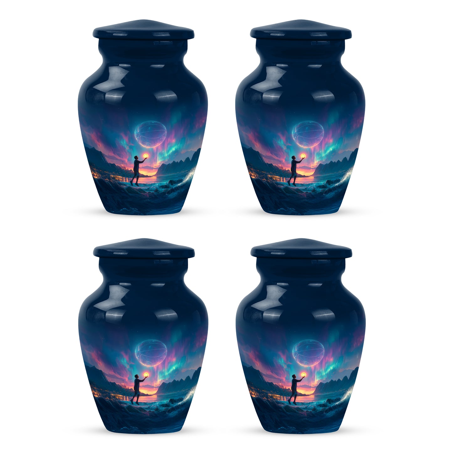 Powder Blue Basketball Cremation Urn side profile showing urn shape - timeless basketball motif etched into premium metal - 10 inch aluminum urn for cremated remains