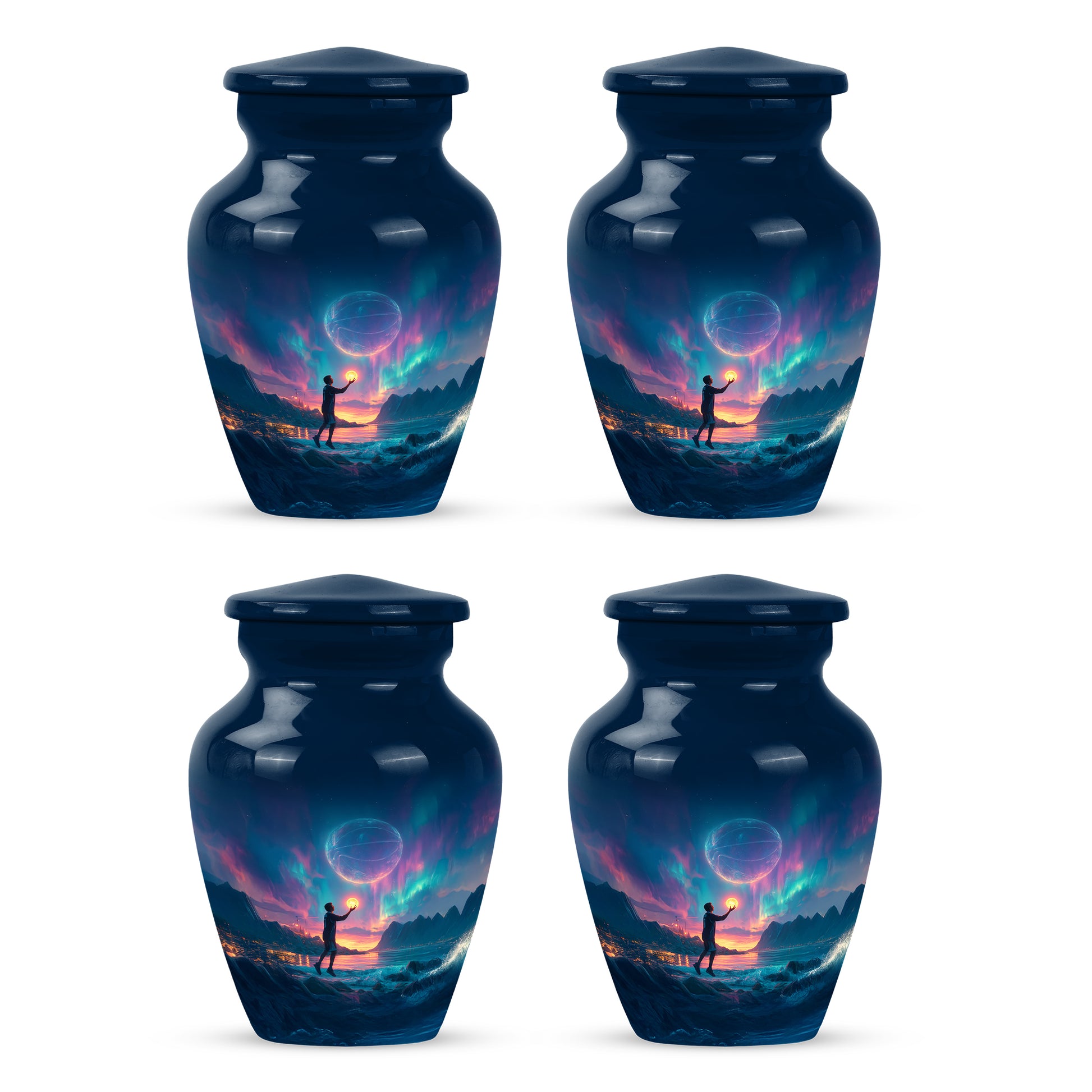 Powder Blue Basketball Cremation Urn side profile showing urn shape - timeless basketball motif etched into premium metal - 10 inch aluminum urn for cremated remains
