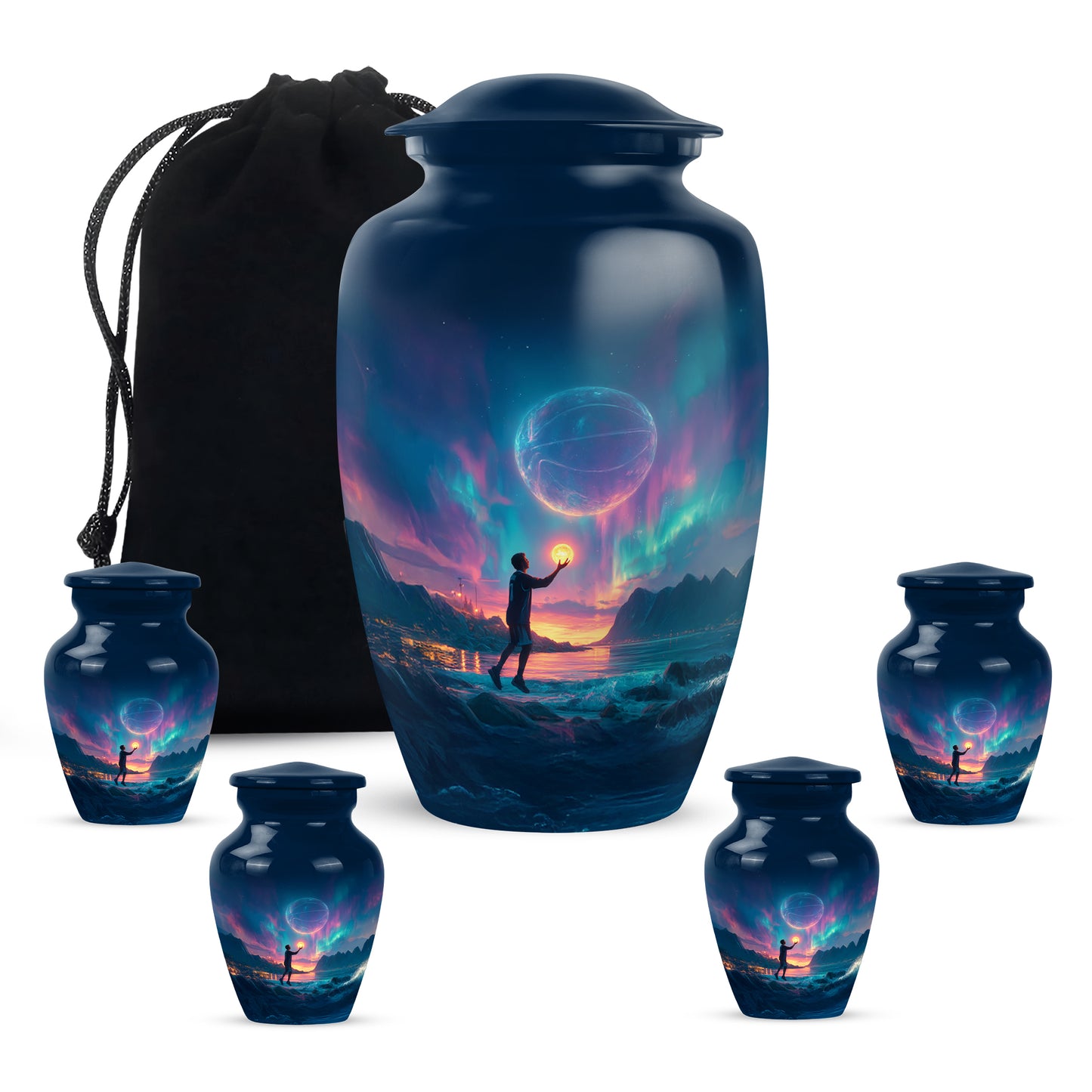 Indigo Basketball Cremation Urn top-down view of secure threaded lid - timeless basketball motif etched into premium metal - memorial set with one large and four small urns