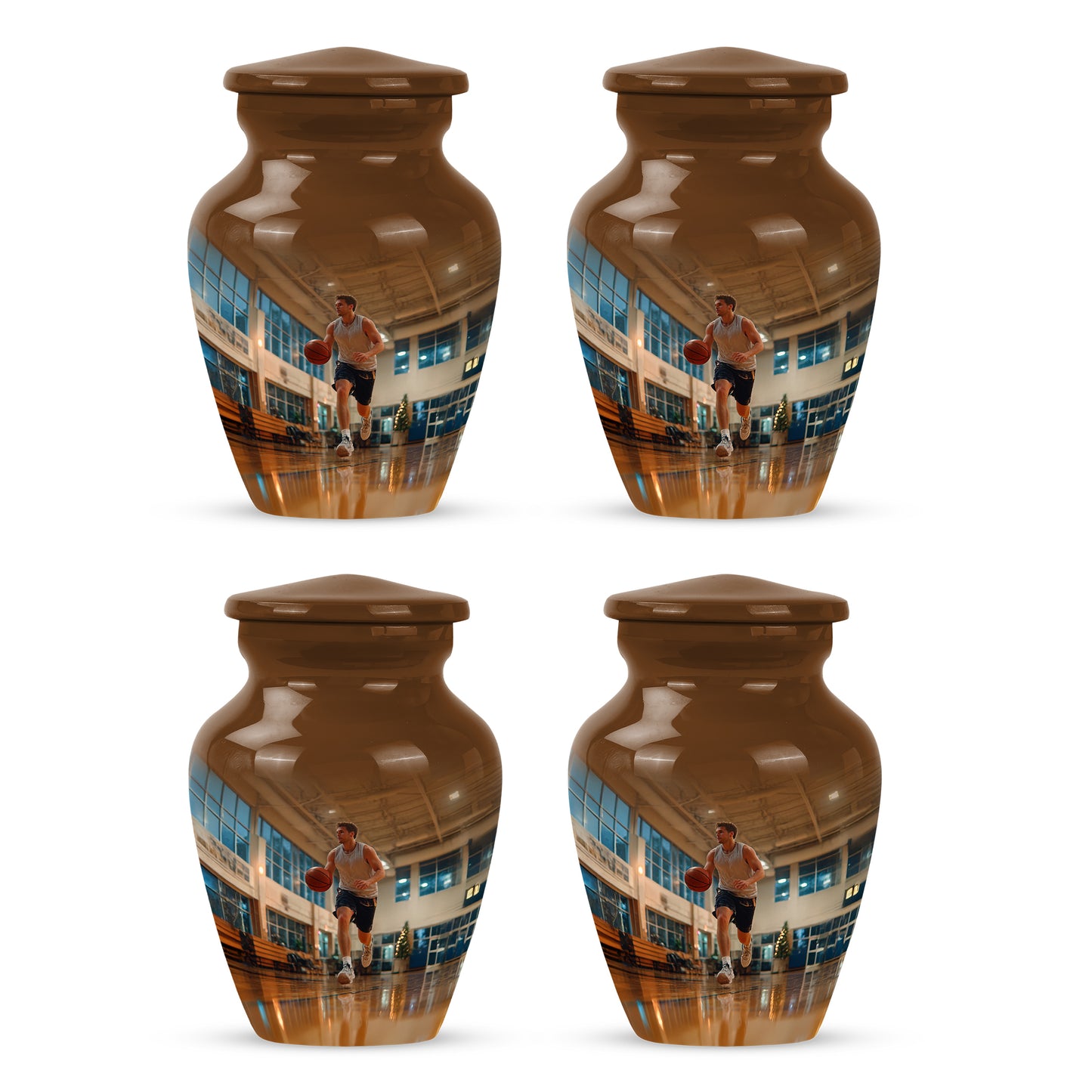 Royal Gold Basketball Cremation Urn side profile showing urn shape - traditional basketball engraving with hand-polished finish - 10 inch aluminum urn for cremated remains
