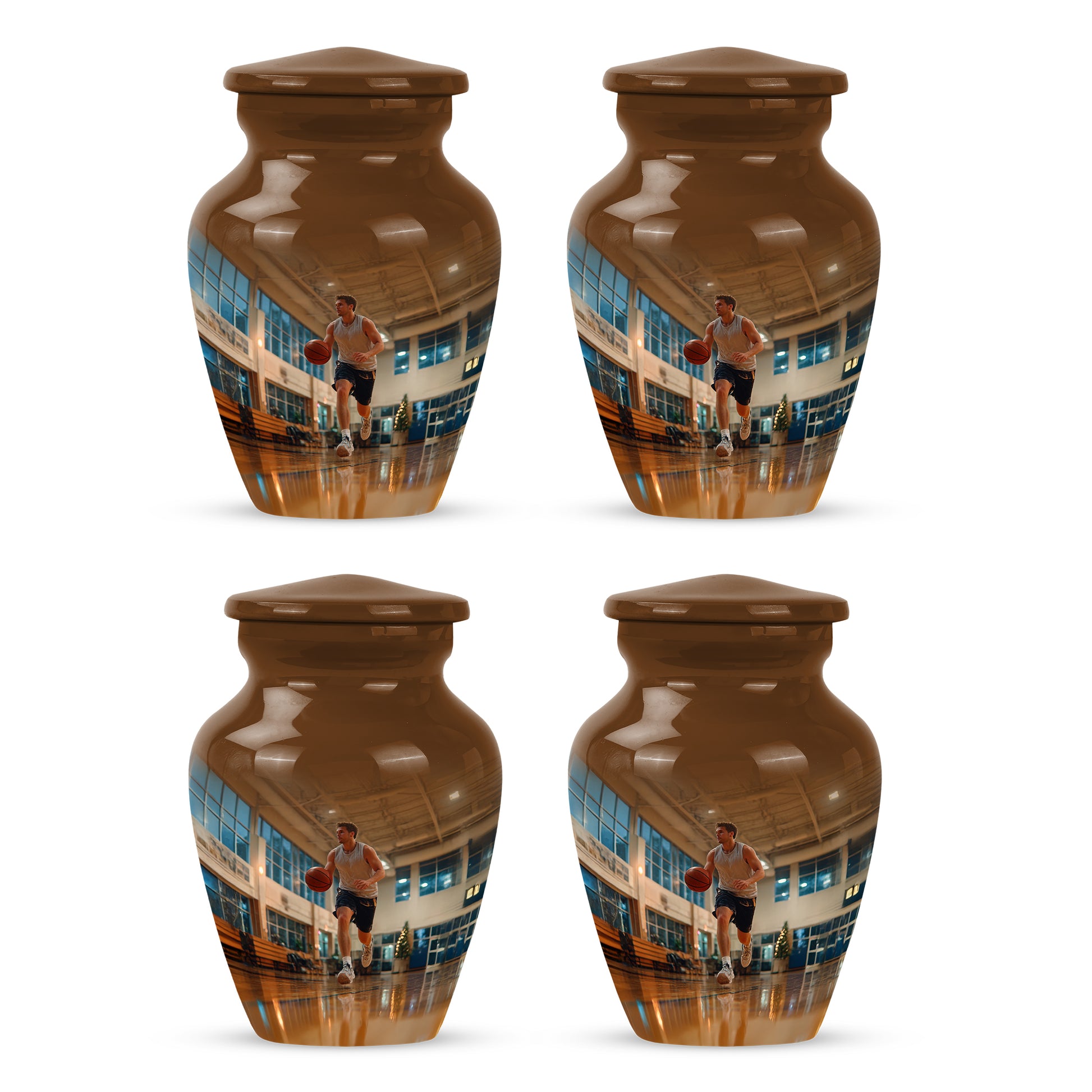 Royal Gold Basketball Cremation Urn side profile showing urn shape - traditional basketball engraving with hand-polished finish - 10 inch aluminum urn for cremated remains
