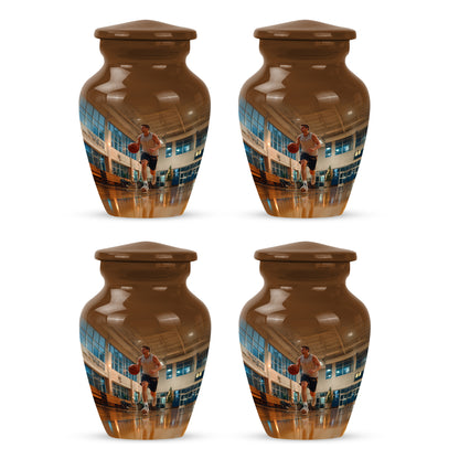 Royal Gold Basketball Cremation Urn side profile showing urn shape - traditional basketball engraving with hand-polished finish - 10 inch aluminum urn for cremated remains