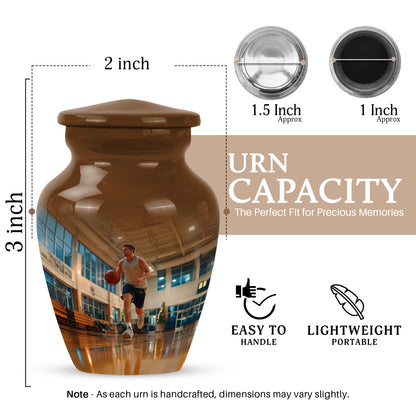 Royal Gold Basketball Cremation Urn close-up of engraving and surface detail - elegant classic basketball relief with fine detailing - mini keepsake memorial for portion of cremation ashes