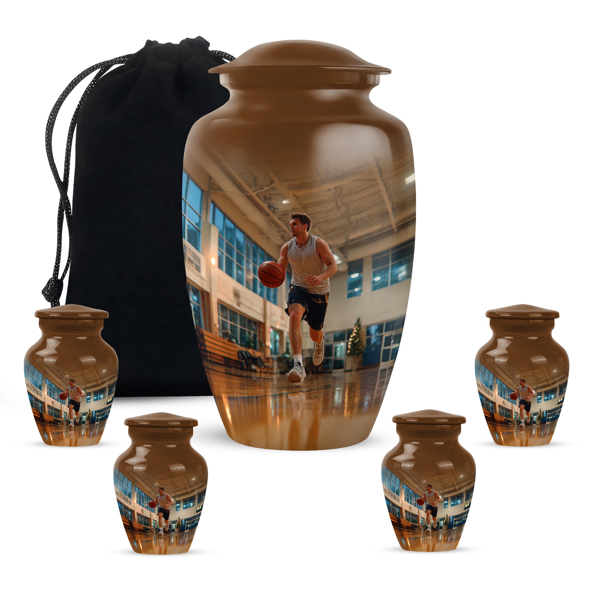 Gilded Gold Basketball Cremation Urn top-down view of secure threaded lid - classic sculpted basketball pattern on smooth aluminum - memorial set with one large and four small urns