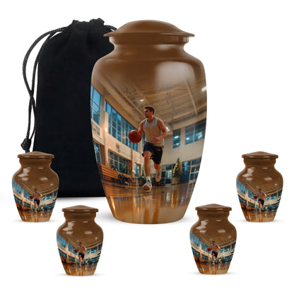 Gilded Gold Basketball Cremation Urn top-down view of secure threaded lid - classic sculpted basketball pattern on smooth aluminum - memorial set with one large and four small urns